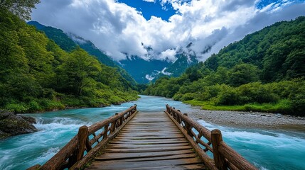 Obraz premium A photo of an empty wooden bridge, in front of turquoise water flowing through green mountains, surrounded by trees, with clouds above