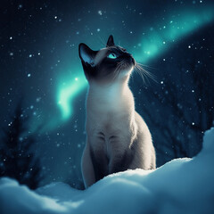 Siamese cat under northern lights
