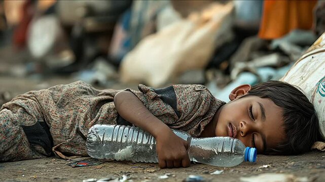 An Indian child sleeps on the ground in a crowded dirty place, with a plastic bottle of dirty water nearby. The problem of drinking water shortage and poverty