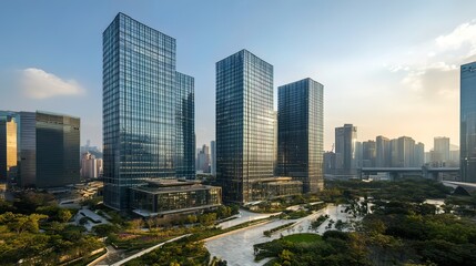 Fototapeta premium Modern Skyscrapers with a View of Lush Green Park