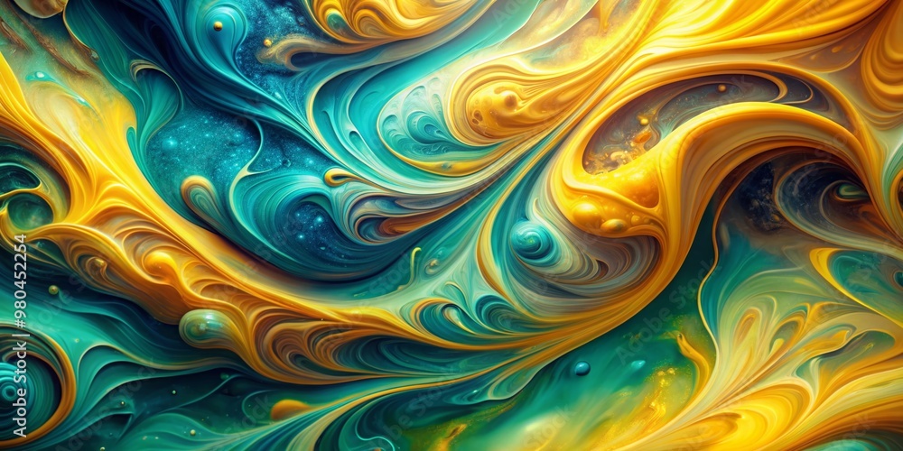 Poster vibrant abstract background featuring swirling fluid colors in yellow and turquoise hues, generated 