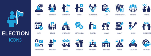 Election flat icons set. Voting, political, vote, democracy, online voting, debate, candidate rating, vote count icons and more signs. Flat icon collection.