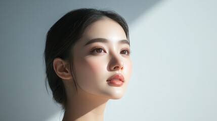 Fototapeta premium Young Asian woman with Contour and Highlight makeup sample,Young beautiful womman applying makeup using a brush,Professional Contouring face make-up over,Make up woman face.