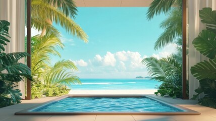 Fototapeta premium Open-air spa with a stunning view of a tropical beach framed by palm trees and soft, calming waters.