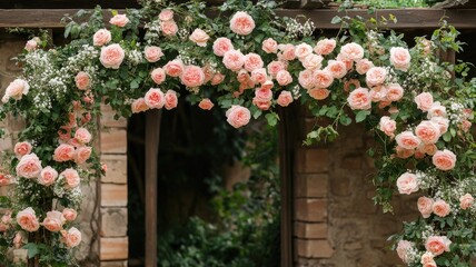  Pale pink roses adorn a wedding arch in a lush garden, creating a romantic ambiance.