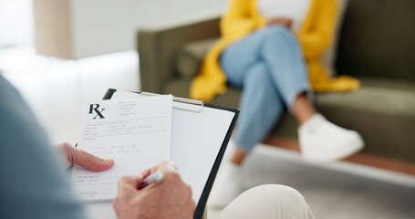 Psychology, woman and therapist writing prescription for help with anxiety, trauma diagnosis or...