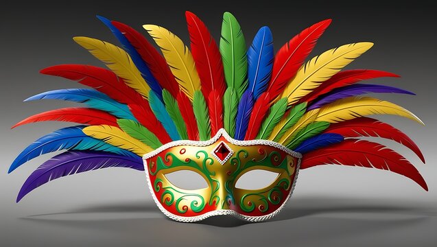 Colorful masquerade mask with gold, green, and red patterns, adorned with vibrant feathers, perfect for festive events, costume parties, or themed decor.