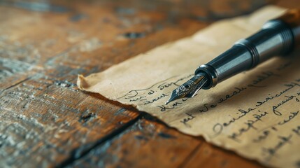 Close-up of fountain pen writing on antique paper on a wooden desk. Calligraphy, letter writing, and stationery concept.