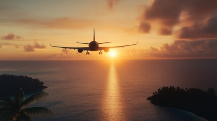 Island Arrival: Airplane descends over a tropical paradise at sunset, silhouetted against a fiery sky as it prepares to land. 