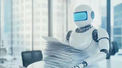 robot with advanced features, such as articulated arms and a display screen, efficiently organizing a pile of bankruptcy paperwork. The background can include a contemporary legal