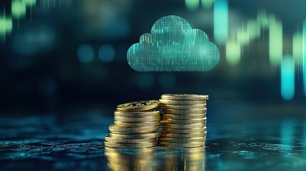 Elevate Your Space: A Futuristic Digital Cloud Over Gold Coins - Perfect Poster for Cryptocurrency Enthusiasts and Tech-Savvy Interiors with a Cool Blue-Green Vibe!