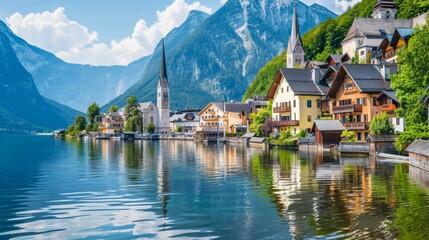 Fototapeta premium Panoramic view of austria small town. Copy space.