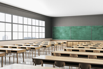 Contemporary classroom interior with green chalkboard, window, city view and wooden furniture. 3D Rendering.