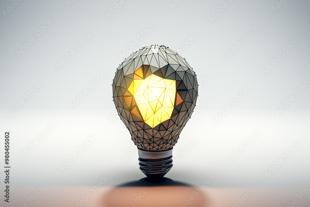 Poster Creative illuminated triangular polygonal lamp on white background. Idea, innovation and inspiration concept. 3D Rendering.