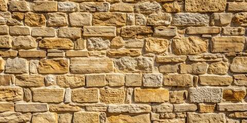 Obraz premium Weathered, aged, beige stone wall background with rough, irregular texture, featuring subtle cracks, worn mortar, and gentle shadows, evoking a sense of history and timelessness.