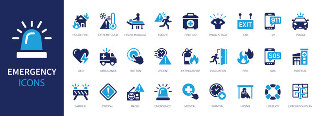Emergency flat icons set. SOS, ambulance, urgency, police, medical, hospital icons and more signs. Flat icon collection.