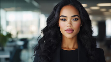 Fototapeta premium A confident woman in business attire exudes empowerment in a modern office, showcasing diversity and professional success.