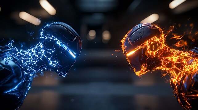 Futuristic robots clash in a dramatic scene of fire and ice.