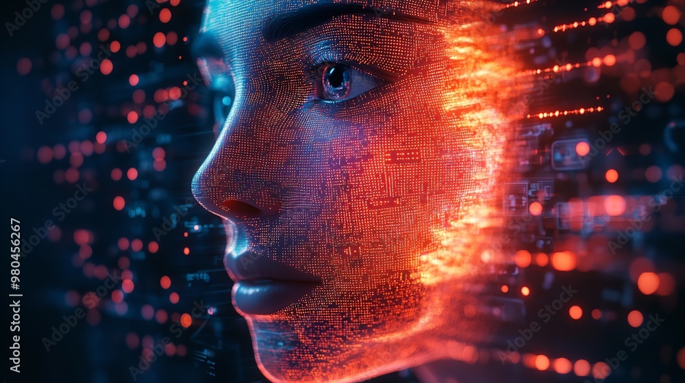 Aufkleber an abstract digital woman face with glowing lines and a bokeh background reflects the fusion of tech