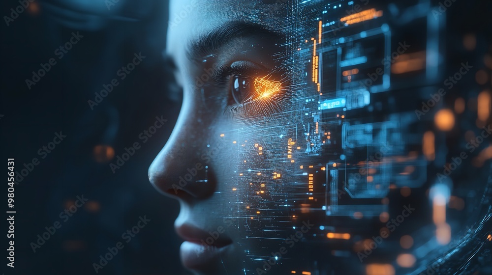 Aufkleber an abstract digital woman face with glowing lines and a bokeh background reflects the fusion of tech