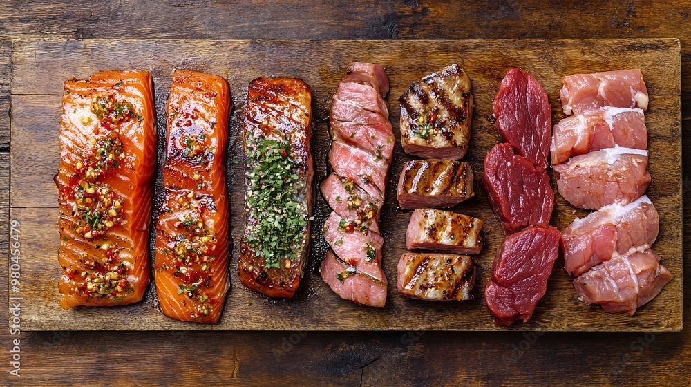 Canvas Prints Top-down view of marinated fish, pork, and beef ready for grilling on a wooden surface, illustrating versatile cooking options from above. 