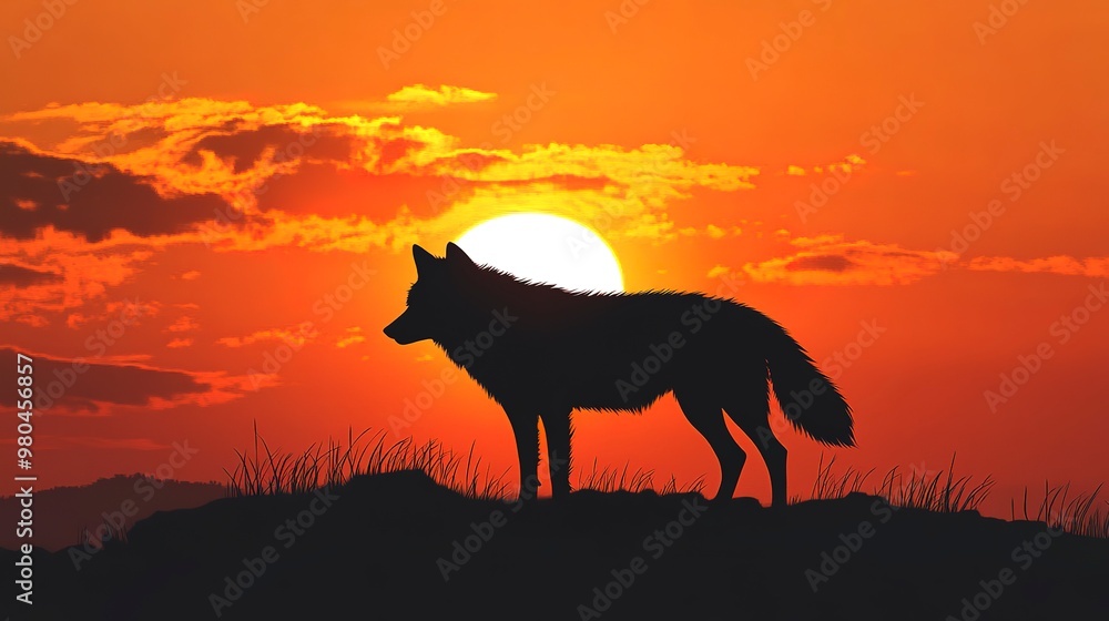 Canvas Prints The shadow of a wolf standing on a hill with a sunset background. illustration 