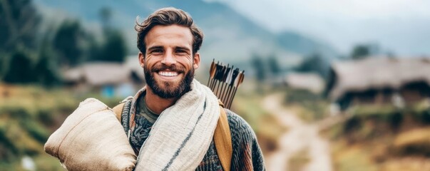 Adventurous Sagittarius man in a remote village, embodying curiosity and discovery