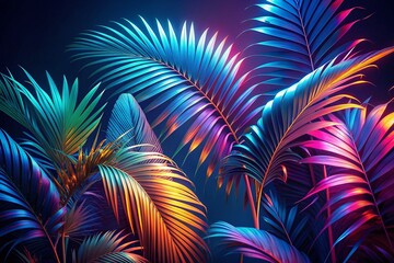 Fototapeta premium Vibrant holographic palm leaves swirl in bold gradient colors against a surreal, neon-lit, dark blue background, evoking a futuristic tropical paradise in this concept art piece.