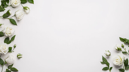 A blank, pristine white page where one hundred white roses and green leaves gracefully cascade down from the upper left corner. The roses create an elegant, natural frame, contrasting with the