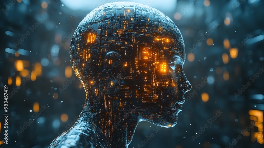 Poster robot with integrated artificial intelligence on futuristic background. robot, ai and future concept