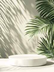Obraz premium 3D rendering of white empty podium platform with palm leaf shadow, Empty scene for mock up