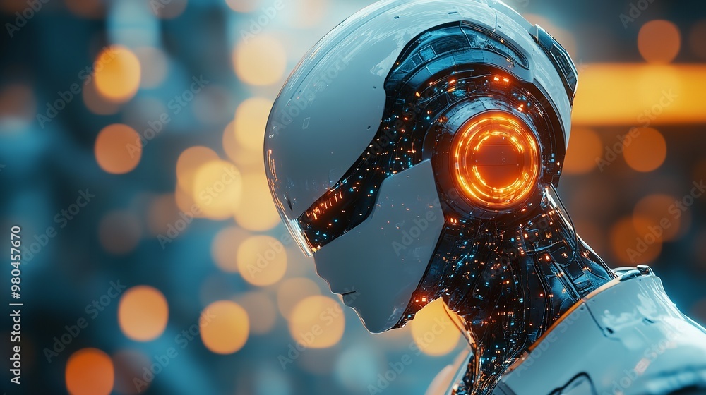 Poster robot with integrated artificial intelligence on futuristic background. robot, ai and future concept
