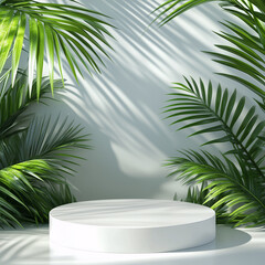 Obraz premium 3D rendering of white empty podium platform with palm leaf shadow, Empty scene for mock up