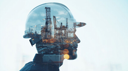 Double exposure Engineer hardhat utilizes AI to optimize international shipping routes and reduce transit times.