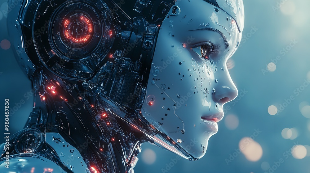 Poster robot with integrated artificial intelligence on futuristic background. robot, ai and future concept