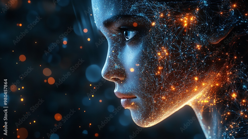 Poster robot with integrated artificial intelligence on futuristic background. robot, ai and future concept