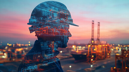 Double exposure Engineer hardhat utilizes digital twin technology to simulate and improve port operations.