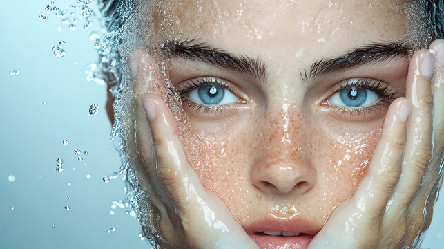 A close-up of a woman's face with sparkling water droplets, highlighting her clear skin and captivating blue eyes.
