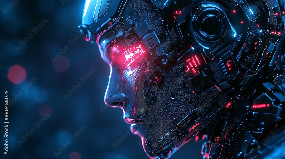Poster robot with integrated artificial intelligence on futuristic background. robot, ai and future concept