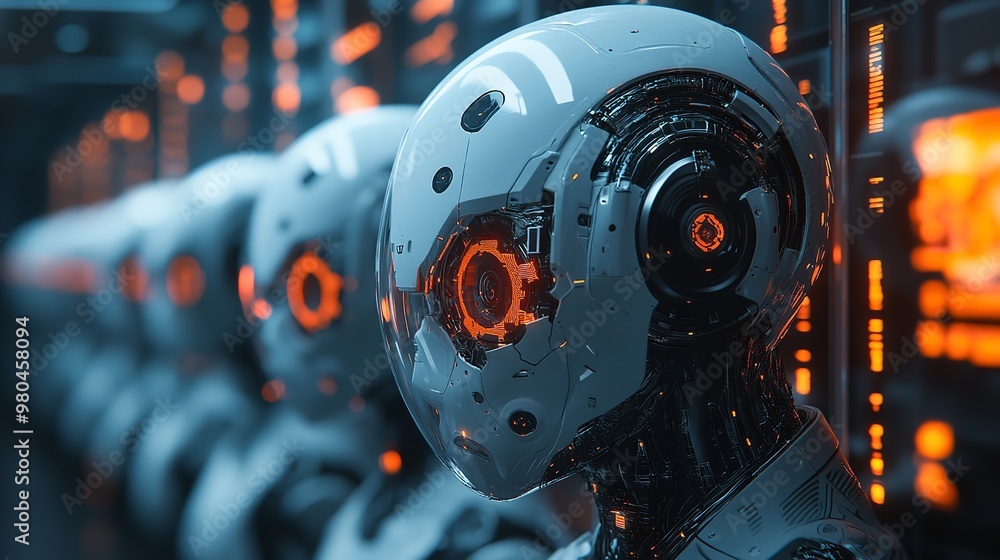 Poster robot with integrated artificial intelligence on futuristic background. robot, ai and future concept