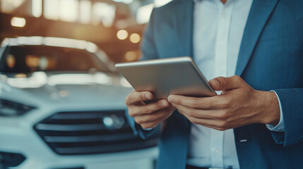 A businessman in a blue suit using a tablet in a car dealership, representing digital technology, automotive sales, car purchasing, and business management in a modern setting.