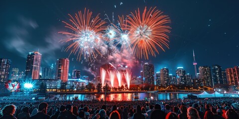 Fireworks light up the skyline as a large crowd gathers for New Year&rsquo;s Eve celebration