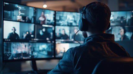 A surveillance operator wearing headphones, monitoring multiple security screens in a control room, indicating cybersecurity, safety, and digital monitoring in a modern environment.