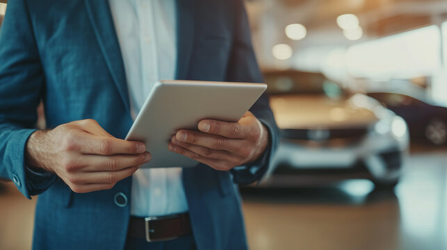 A businessman in a blue suit using a tablet in a car dealership, representing digital technology, automotive sales, car purchasing, and business management in a modern setting. - Powered by Adobe