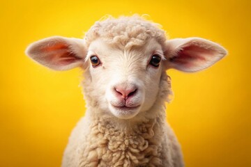 Obraz premium Adorable fluffy lamb with soft curly wool and big curious eyes stands on a bright yellow background, symbolizing innocence and purity in nature.