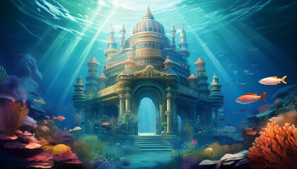 Majestic underwater kingdom building, towering beneath the ocean's surface.