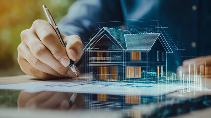 Hand signing on e-document to finalize real estate transactions in virtual property sales.