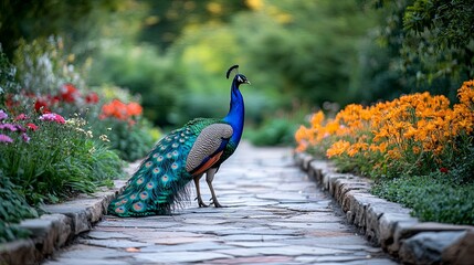 A Majestic Peacock Strolling on a Stone Pathway in a Lush Garden