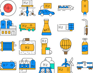 Hydrogen Energy Gas Collection Icons Set Vector. Hydrogen Fuel Station And Cylinder, Solar Panel Production And Factory Manufacturing Contour Illustrations