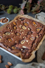 Freshly baked brownie pieces on a plate